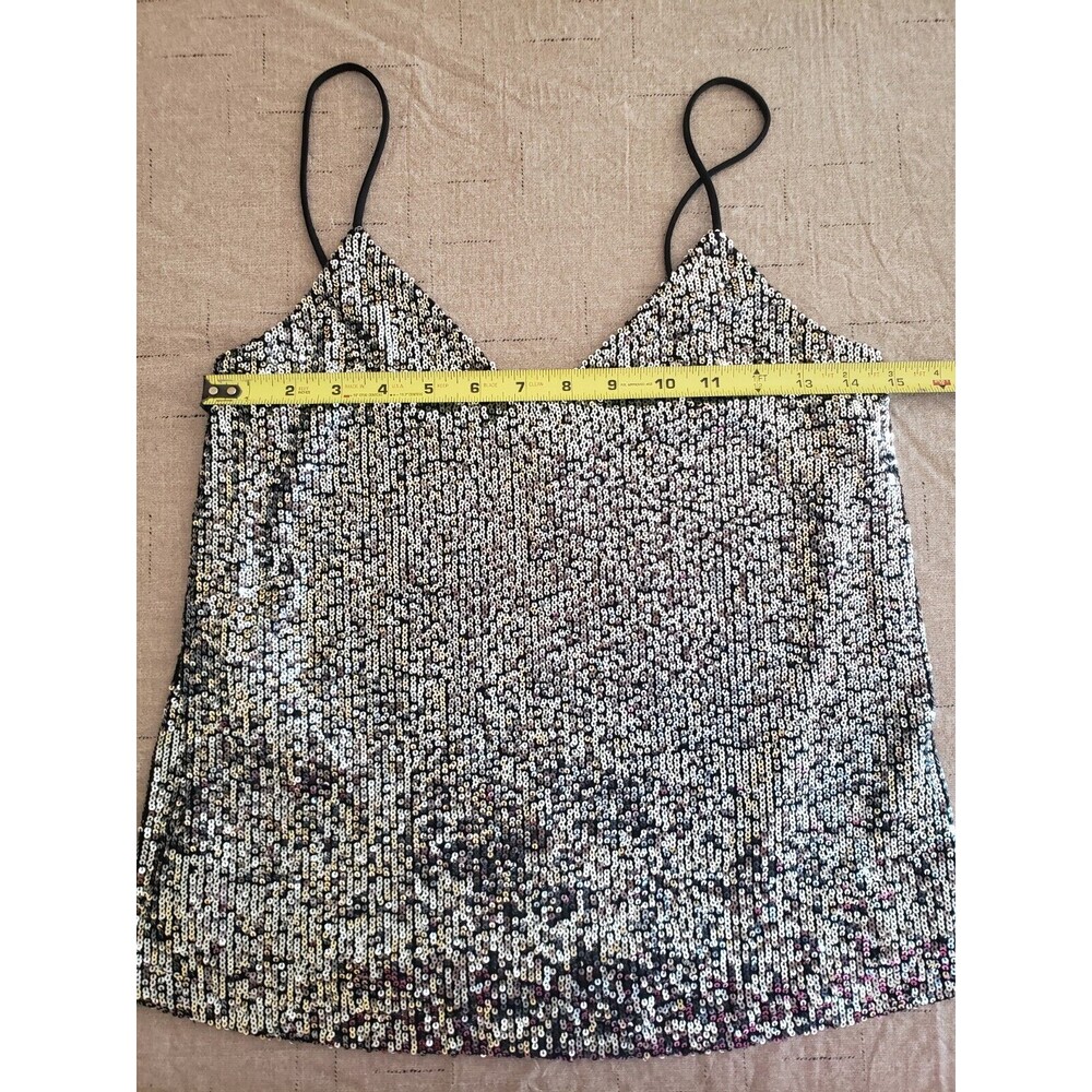 MNG MANGO Ladies Silver Sequin Stretch Tank Top Sz XS Cocktail Party Black Linig - Picture 8 of 9
